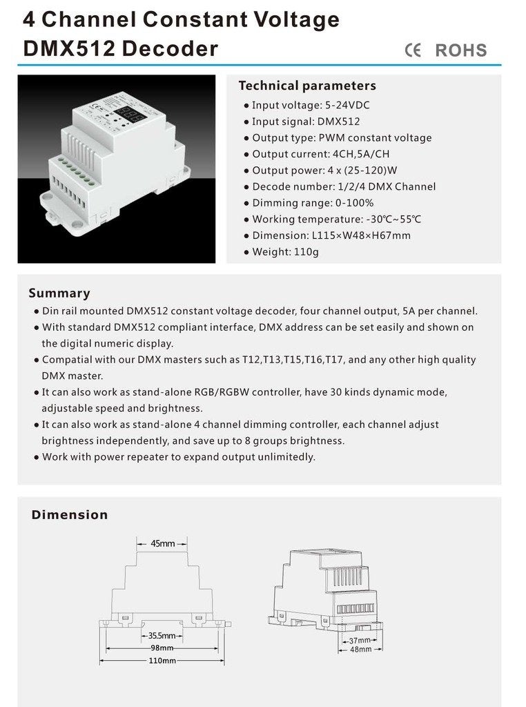 Nutbro 4 CH Constant Voltage DMX512 Decoder RGB/RGBW Controller Din Rail Mounted 4 Channel Dimming Controller 5-24VDC - Image 2